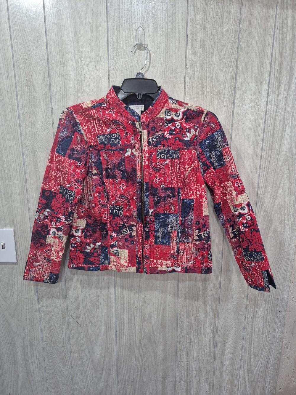 Woman’s Quilted Full Zip Mandarin Collar Casual Jacket M Red Festival Boho Artsy